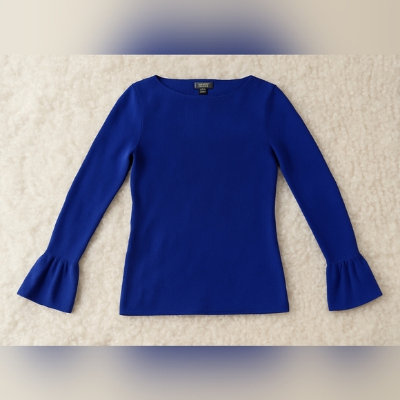 Ralph Lauren Sz L Blue Purple Fitted Bell Sleeve Ribbed Knit Pullover Flare Cuff - Picture 2 of 14